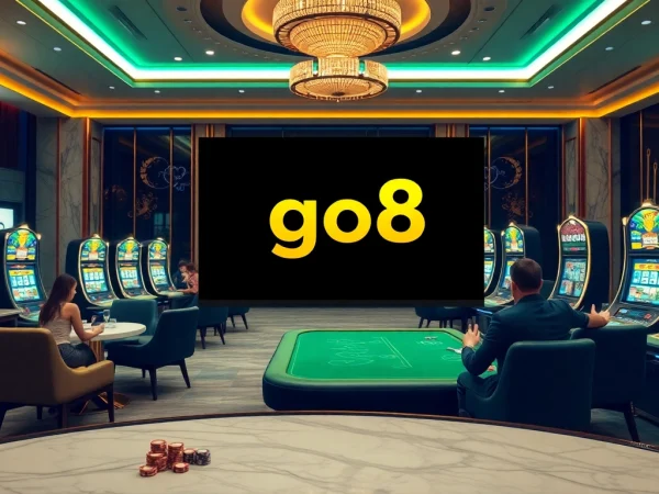 go8 đăng nhập - Engaging players at a luxurious online casino with poker chips and vibrant slot machines.