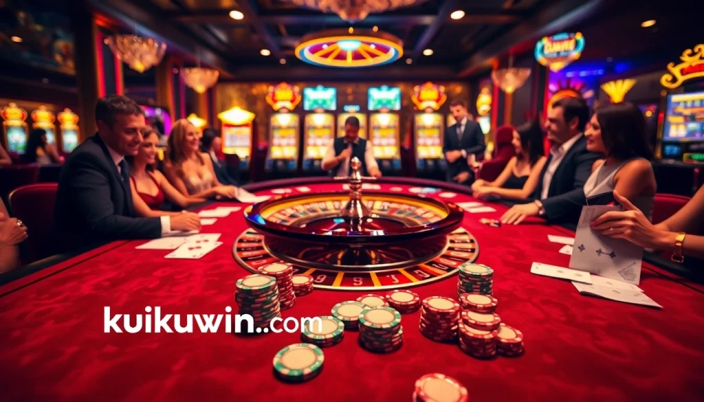Exciting casino atmosphere at https://kuwinblog.com/ with players engaging at a roulette table.
