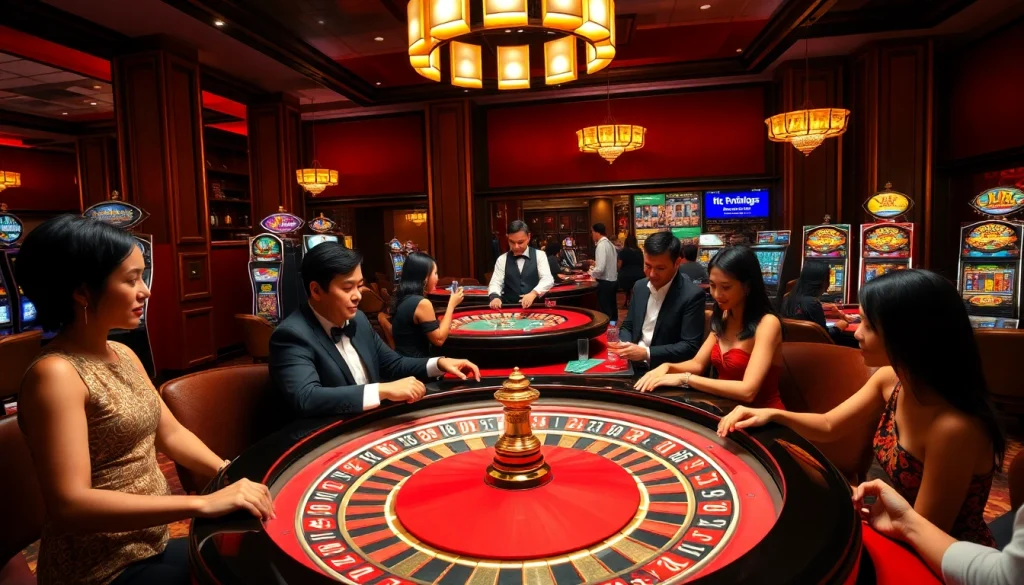 KJC players engaging in thrilling casino games with colorful chips and lively atmosphere.