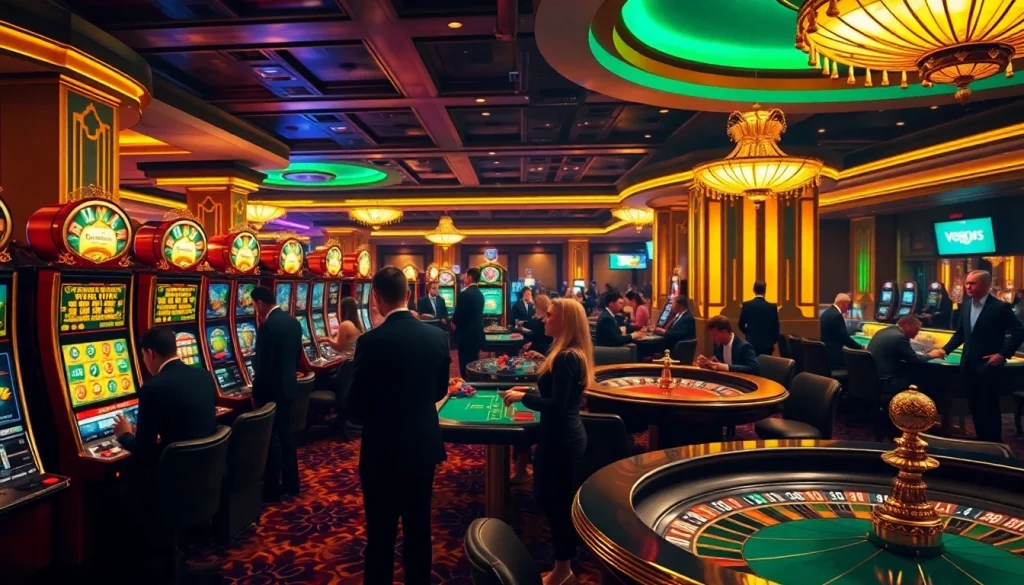 Immerse in excitement as players enjoy nonton film indoxxi at lavish casino tables, surrounded by vibrant slot machines.