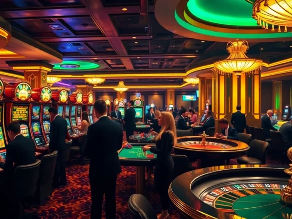 Immerse in excitement as players enjoy nonton film indoxxi at lavish casino tables, surrounded by vibrant slot machines.