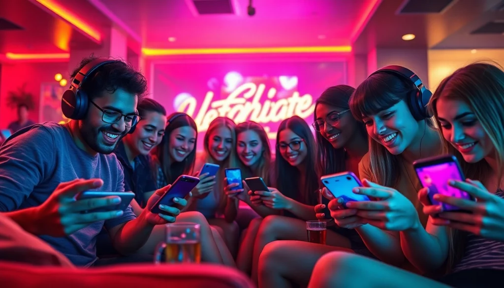 Young adults enjoying mobile porn games in a trendy lounge setting, showcasing excitement and interaction.
