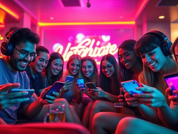 Young adults enjoying mobile porn games in a trendy lounge setting, showcasing excitement and interaction.