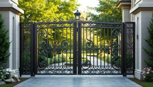A striking example of custom steel gates with intricate designs enhancing a luxurious entrance.