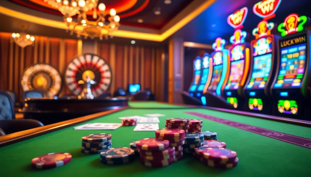 Experience the thrill of LUCKYWIN at a luxurious casino with vibrant games and shining chips.