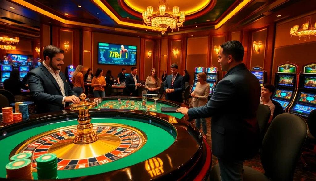 Experience the excitement of 7upbet with players at a lively roulette table in a luxurious casino setting.