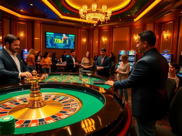 Experience the excitement of 7upbet with players at a lively roulette table in a luxurious casino setting.