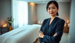 Expert 출장마사지 therapist preparing for a relaxing mobile massage service in a serene environment.