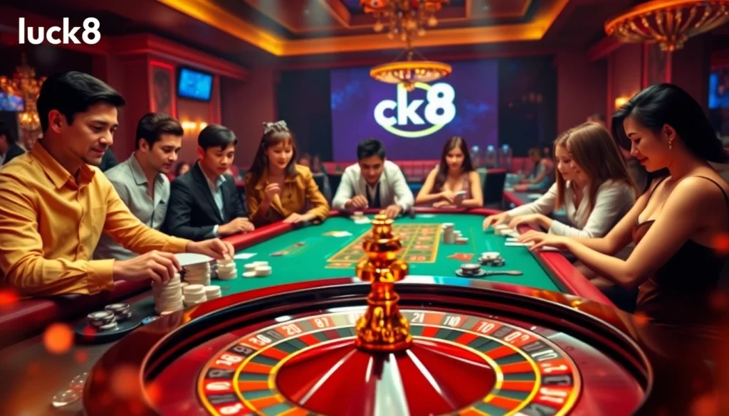 Engaging casino scene with players at tables, showcasing luck8 trang chủ's vibrant online gambling excitement.