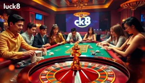 Engaging casino scene with players at tables, showcasing luck8 trang chủ's vibrant online gambling excitement.