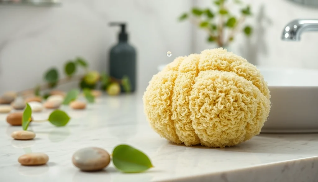 Scrubbing with the best back loofah for dry skin on a bathroom counter.