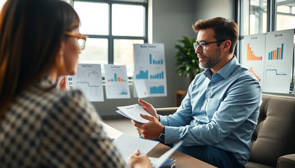 Engaging discussion with a vehicle service contract provider demonstrating service options to a client.