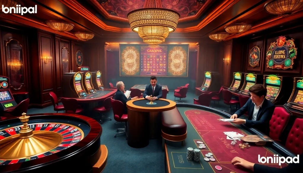 Players strategizing at an upscale casino table while enjoying onicplay experiences with vibrant lights and rich decor.