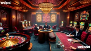 Players strategizing at an upscale casino table while enjoying onicplay experiences with vibrant lights and rich decor.