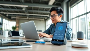 快连官网展示一名专业人士使用笔记本电脑，屏幕上显示快连VPN，象征无缝连接与安全。