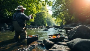 Fisherman using various fly fishing accessories on a tranquil mountain stream.