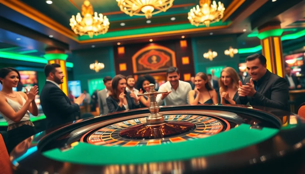 Pinco Casino rulet masa ətrafında həyəcanlı oyunçular, canlı kazino atmosferi.