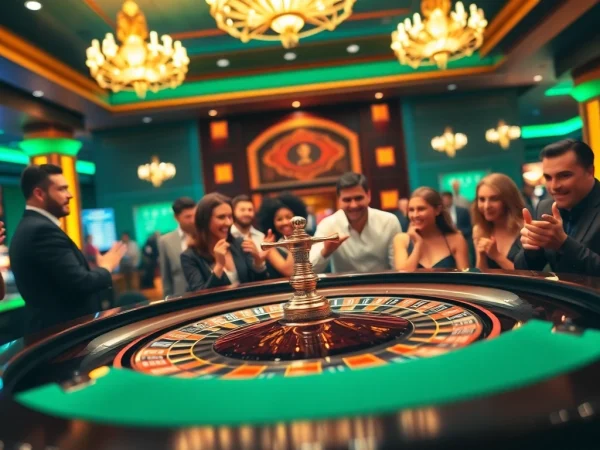 Pinco Casino rulet masa ətrafında həyəcanlı oyunçular, canlı kazino atmosferi.