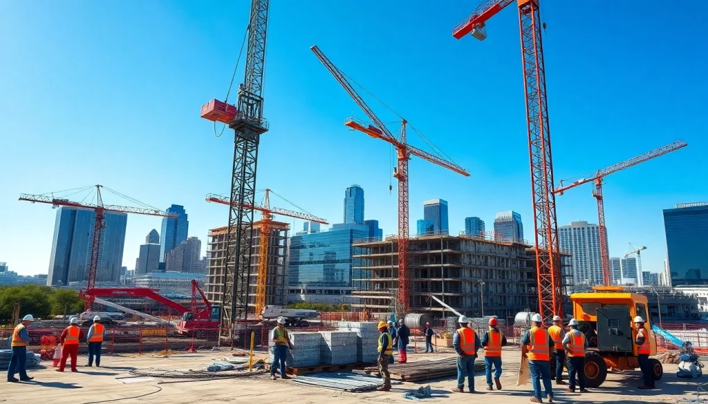 Austin construction site with active workers and city skyline, showcasing vibrant energy.