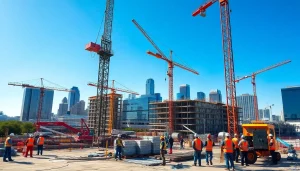 Austin construction site with active workers and city skyline, showcasing vibrant energy.