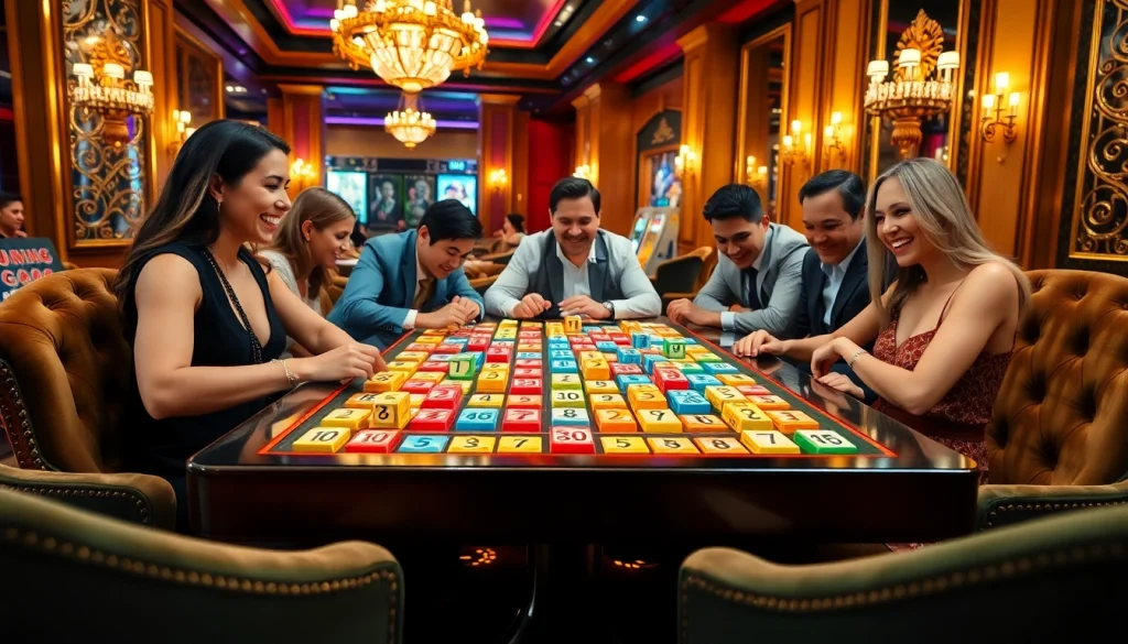 Engaged players enjoying רמיקוב אונליין at a luxurious casino table, surrounded by vibrant decor.
