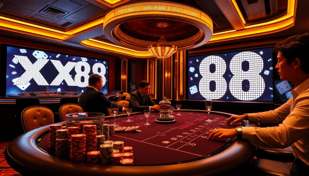 Engaged players enjoying a poker game at a luxurious casino scene featuring XX88 elements.