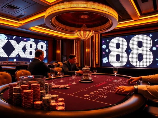Engaged players enjoying a poker game at a luxurious casino scene featuring XX88 elements.