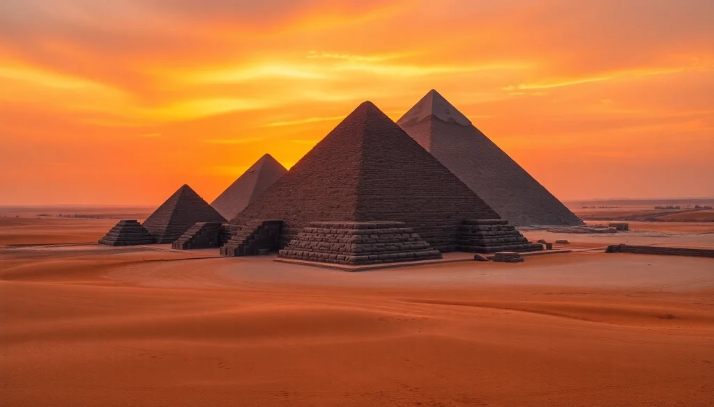 View of the Great Pyramids of Giza, showcasing iconic piraminds against a stunning sunset.