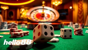 Hello88 casino gaming scene with vibrant poker chips, cards, and a roulette wheel, showcasing excitement.