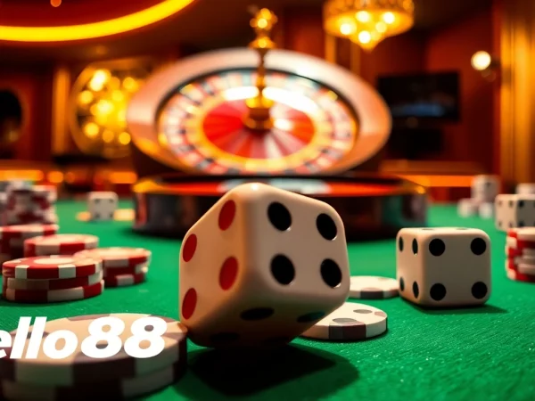 Hello88 casino gaming scene with vibrant poker chips, cards, and a roulette wheel, showcasing excitement.