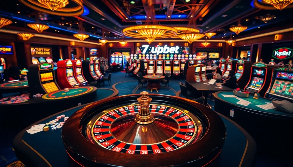 Experience the excitement of gambling at 7upbet with stunning casino visuals of roulette and poker tables.