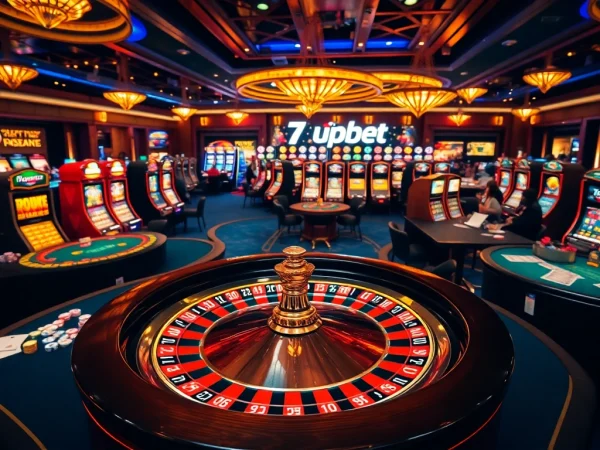 Experience the excitement of gambling at 7upbet with stunning casino visuals of roulette and poker tables.