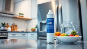 Waterdrop 5231JA2002A Refrigerator Water Filter featured in a contemporary kitchen with fresh fruits and clear water.