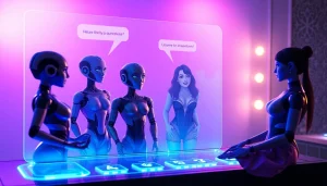 Engaging NSFW AI chatbot characters conversing in a futuristic digital interface design.
