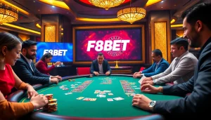 Experience the excitement of F8BET poker with colorful chips and a vibrant casino atmosphere.