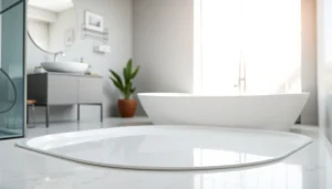 Installing a stylish shower base in a modern bathroom with sleek design and natural light.