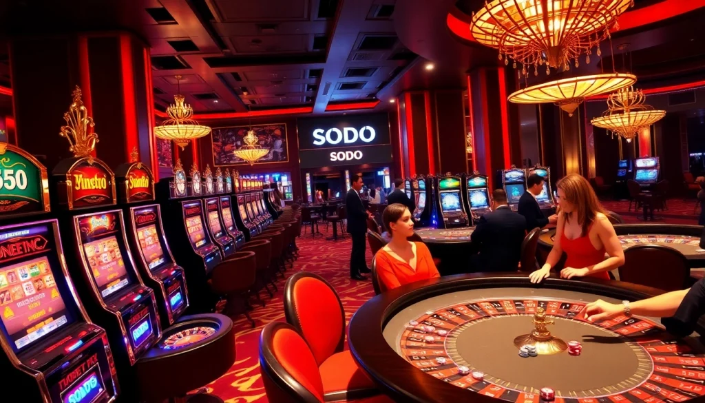 SODO casino atmosphere with lively slot machines and elegant poker tables for an exciting gambling experience.