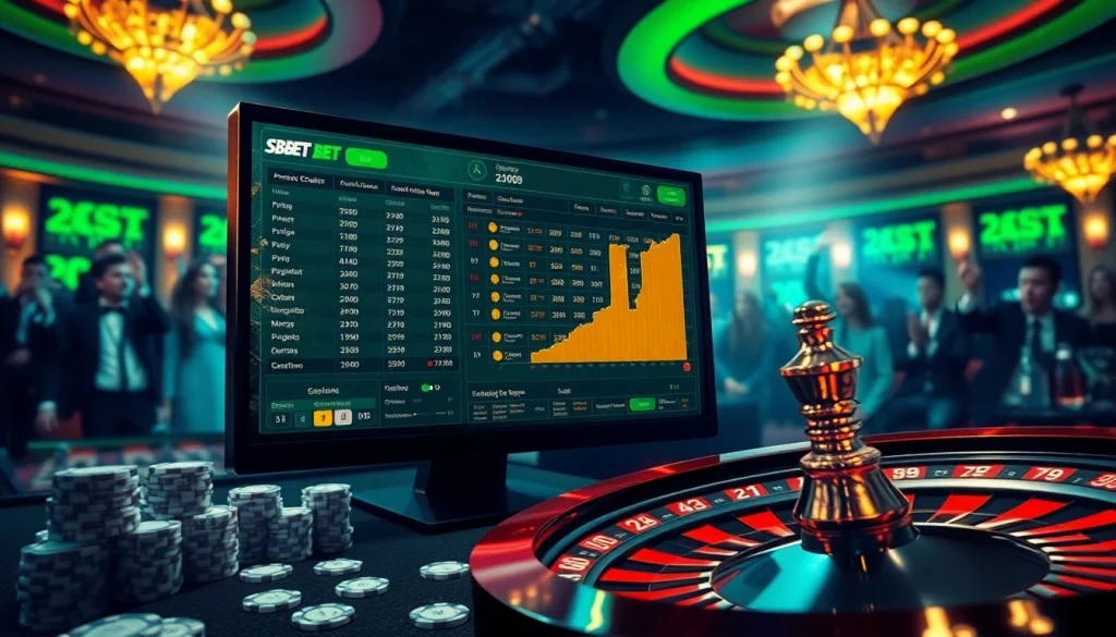 Experience the excitement of sbobet sports betting with vibrant visuals of a virtual casino environment.