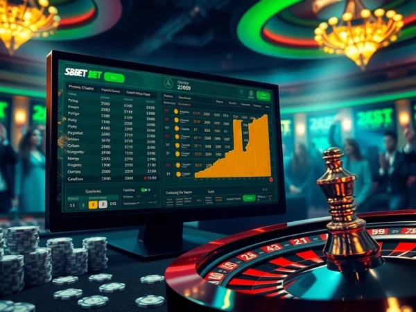 Experience the excitement of sbobet sports betting with vibrant visuals of a virtual casino environment.