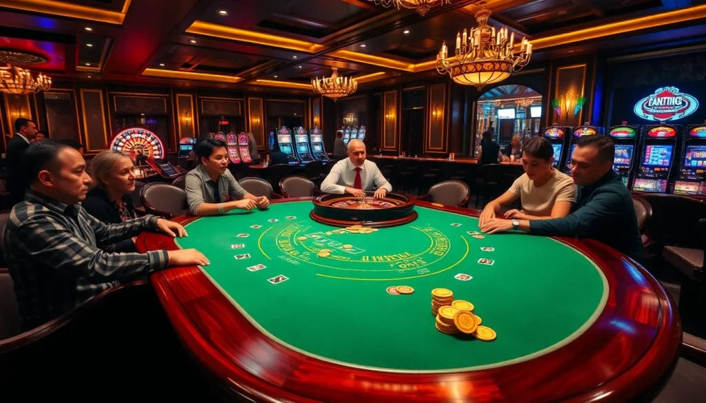 Engaged players enjoy a vibrant casino atmosphere at https:/nk88.us.com/ with poker, roulette, and slot machines.