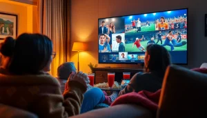 Family enjoying Iron TV Pro with a movie night atmosphere, popcorn, and excitement.