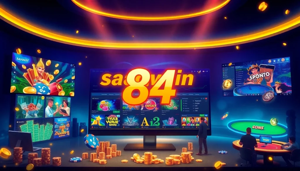 Cảnh trò chơi ảo hấp dẫn giới thiệu Saowin 84 với các trò casino đa dạng và người chơi đang tham gia.