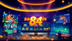 Cảnh trò chơi ảo hấp dẫn giới thiệu Saowin 84 với các trò casino đa dạng và người chơi đang tham gia.