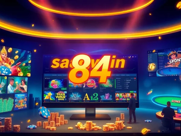 Cảnh trò chơi ảo hấp dẫn giới thiệu Saowin 84 với các trò casino đa dạng và người chơi đang tham gia.