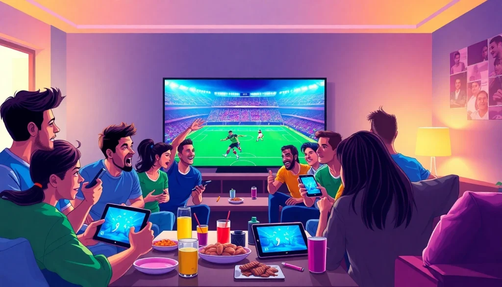 Fans engaged in football streaming on joemadfan.com in a lively living room.