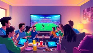 Fans engaged in football streaming on joemadfan.com in a lively living room.