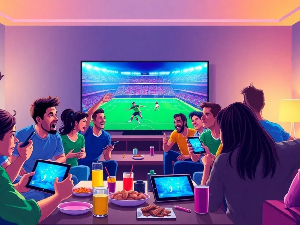 Fans engaged in football streaming on joemadfan.com in a lively living room.