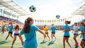 Girls engaged in various sports at Multi Sports Camps for Girls, showcasing vibrant teamwork.