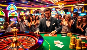 Engaging scene of players at OK365 casino, highlighted by roulette wheel and vibrant slot machines.