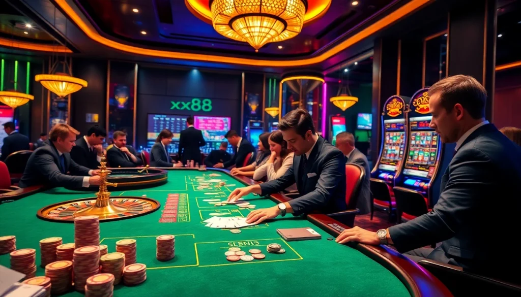 xx88 win on a lively casino floor with players and professional croupiers engaged in thrilling gameplay.